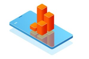 a 3D mobile phone with an orange 3D bar chart on the screen