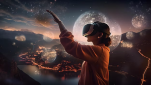 A woman wearing a vr headset looks at the starry night sky