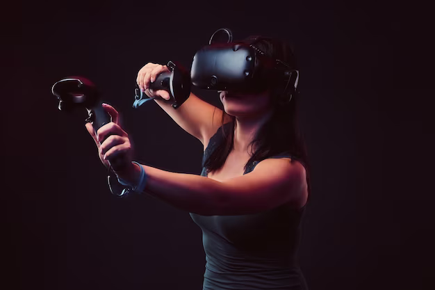 Woman with virtual reality headset and joysticks