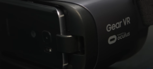 Close-up of a Gear VR headset highlighting the Oculus branding