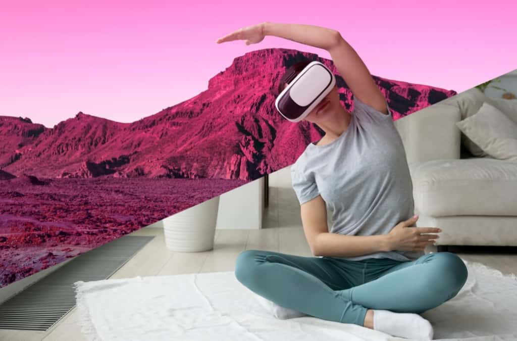 A person performs a yoga pose in VR with a virtual desert landscape