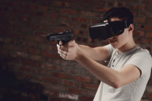 Boy playing with vr headset at home