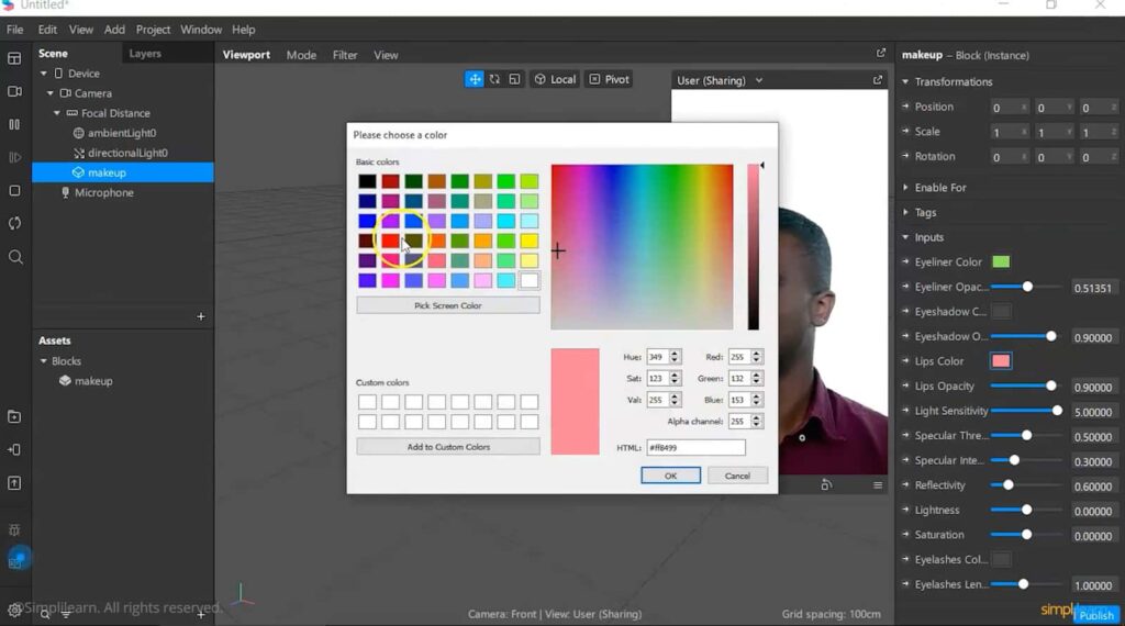 Color selection tool open in Spark AR Studio with a user's profile