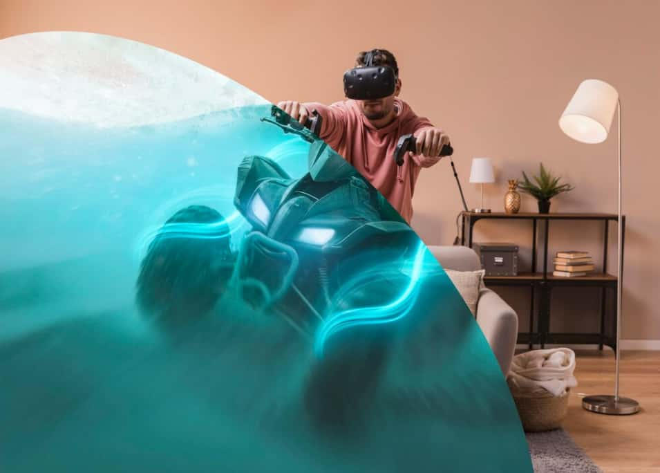 A man engages in a VR racing game in a home setting